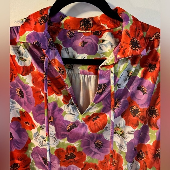1970’s Floral Flower Power Womens Collared Blouse Bow Tie Top Medium Vintage - Picture 2 of 10